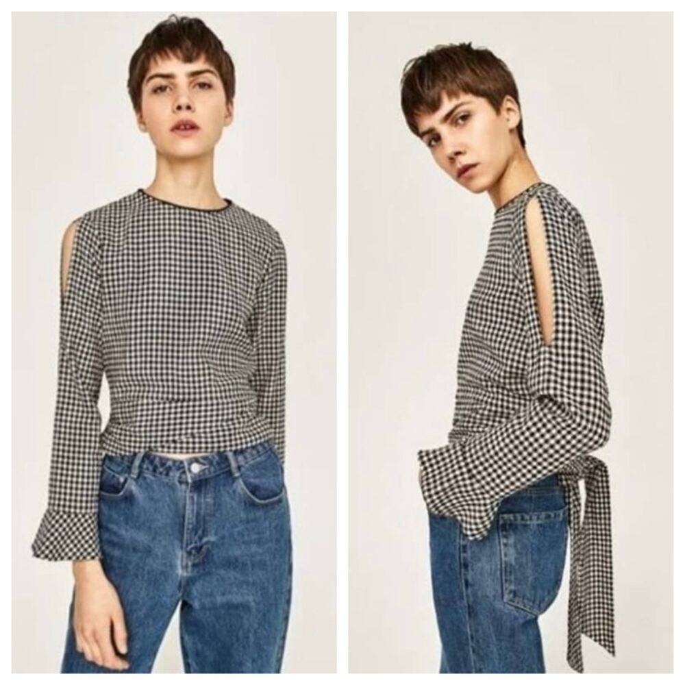Zara Blouse Top XS Gingham Check Cold Shoulder‎ Tie Back Bell Sleeve Black White